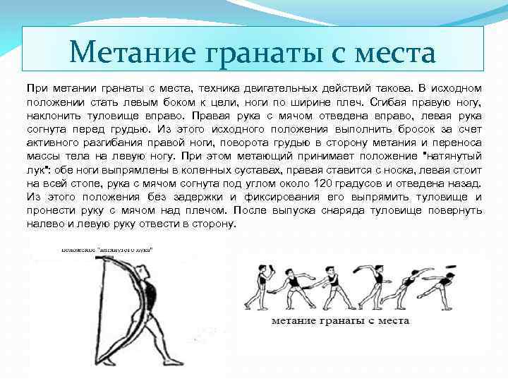 Метание гранаты с места При метании гранаты с места, техника двигательных действий такова. В