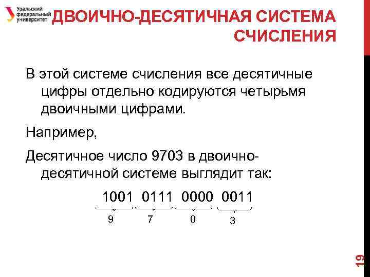 ДВОИЧНО-ДЕСЯТИЧНАЯ СИСТЕМА СЧИСЛЕНИЯ В этой системе счисления все десятичные цифры отдельно кодируются четырьмя двоичными