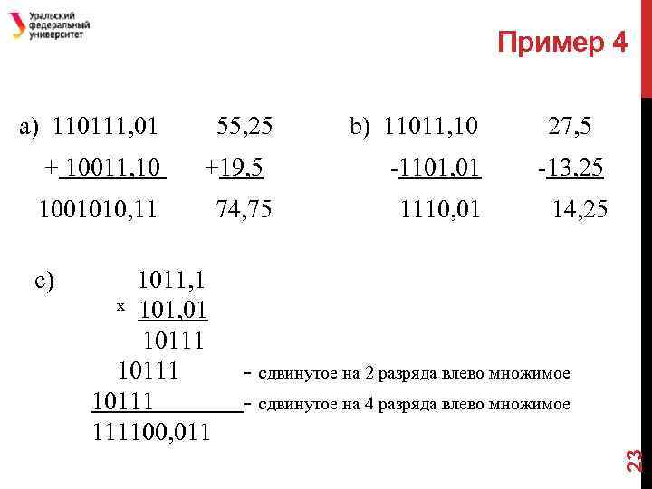 Пример 4 + 10011, 10 55, 25 +19, 5 1001010, 11 c) 1011, 1