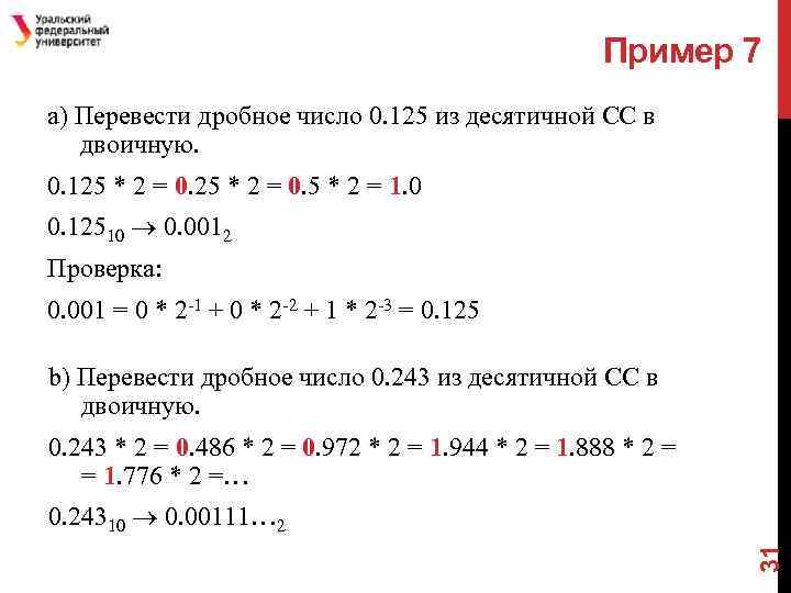 Пример 7 a) Перевести дробное число 0. 125 из десятичной СС в двоичную. 0.