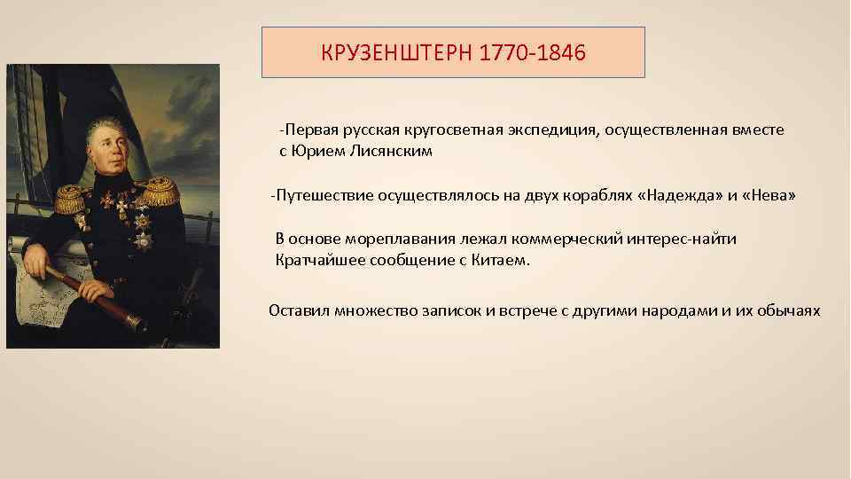 КРУЗЕНШТЕРН 1770 -1846 -Первая русская кругосветная экспедиция, осуществленная вместе с Юрием Лисянским -Путешествие осуществлялось