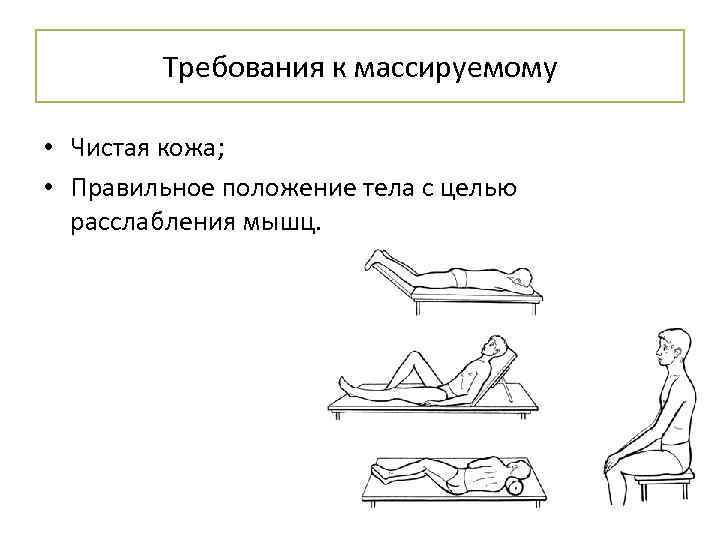 Требования к массируемому • Чистая кожа; • Правильное положение тела с целью расслабления мышц.