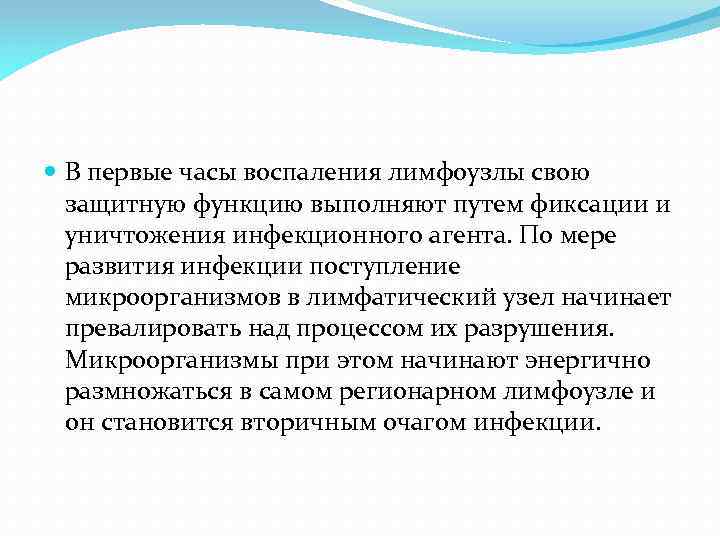  В первые часы воспаления лимфоузлы свою защитную функцию выполняют путем фиксации и уничтожения