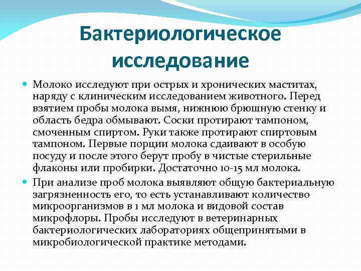 Бактериологическое исследование Молоко исследуют при острых и хронических маститах, наряду с клиническим исследованием животного.