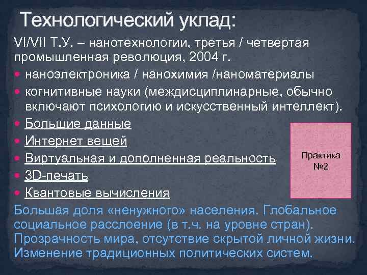 Технологический уклад: VI/VII Т. У. – нанотехнологии, третья / четвертая промышленная революция, 2004 г.