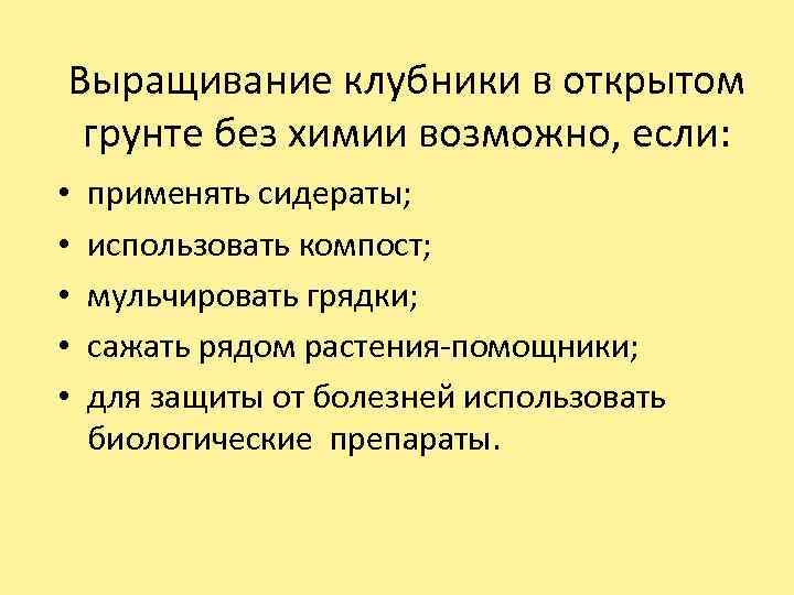 Выращивание клубники в открытом грунте без химии возможно, если: • • • применять сидераты;