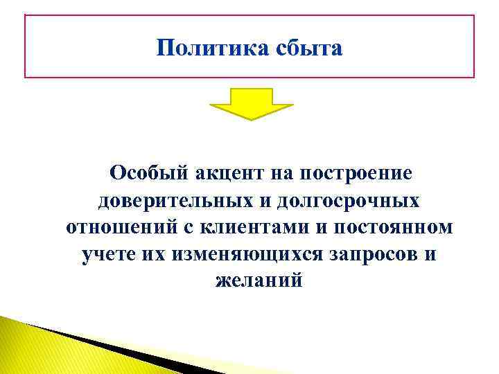 Политика сбыта Особый акцент на построение доверительных и долгосрочных отношений с клиентами и постоянном