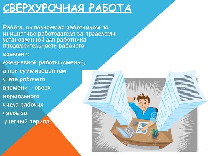 СВЕРХУРОЧНАЯ РАБОТА Работа, выполняемая работником по инициативе работодателя за пределами установленной для работника продолжительности