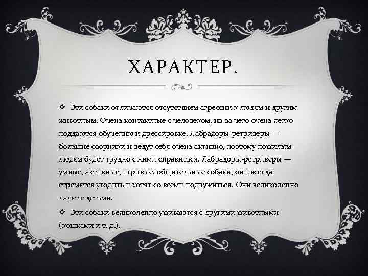 ХАРАКТЕР. v Эти собаки отличаются отсутствием агрессии к людям и другим животным. Очень контактные