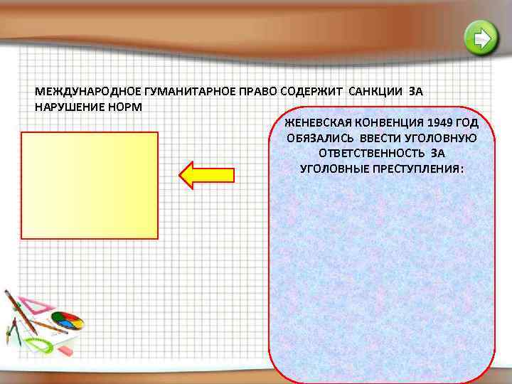 МЕЖДУНАРОДНОЕ ГУМАНИТАРНОЕ ПРАВО СОДЕРЖИТ САНКЦИИ ЗА НАРУШЕНИЕ НОРМ ЖЕНЕВСКАЯ КОНВЕНЦИЯ 1949 ГОД ОБЯЗАЛИСЬ ВВЕСТИ