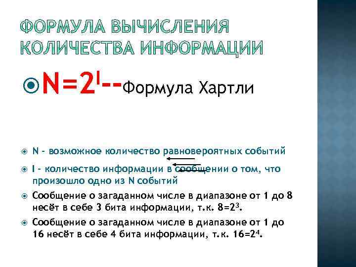 I--Формула Хартли N=2 N - возможное количество равновероятных событий I - количество информации в