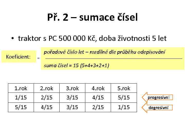 Př. 2 – sumace čísel • traktor s PC 500 000 Kč, doba životnosti