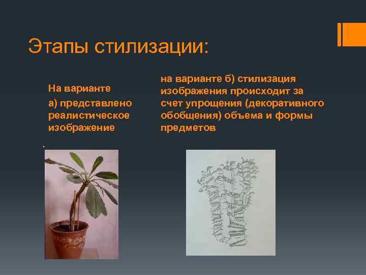 Этапы стилизации: На варианте а) представлено реалистическое изображение. на варианте б) стилизация изображения происходит