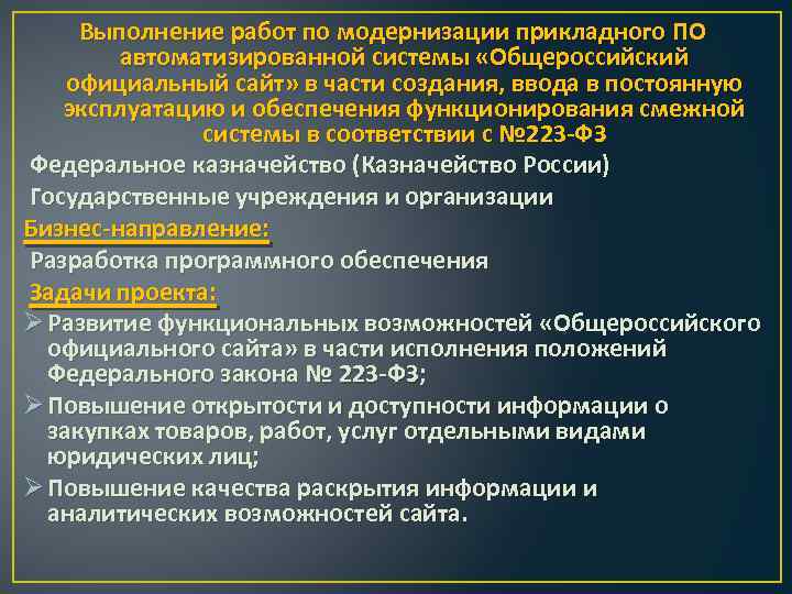 Выполнение работ по модернизации прикладного ПО автоматизированной системы «Общероссийский официальный сайт» в части создания,