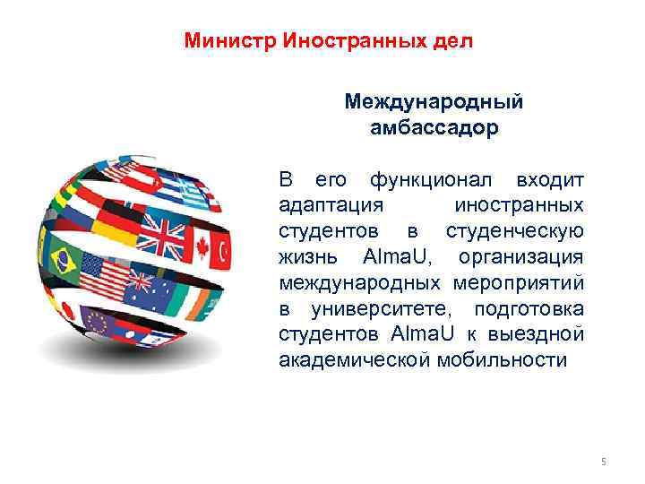 Министр Иностранных дел Международный амбассадор В его функционал входит адаптация иностранных студентов в студенческую