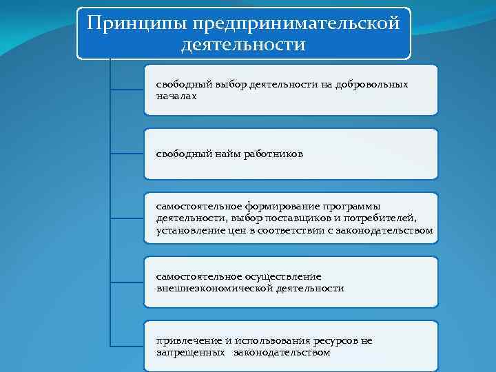 Принципы предпринимательской деятельности свободный выбор деятельности на добровольных началах свободный найм работников самостоятельное формирование