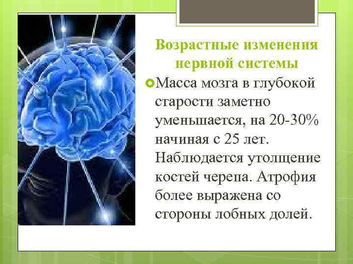 Возрастные изменения нервной системы Масса мозга в глубокой старости заметно уменьшается, на 20 -30%