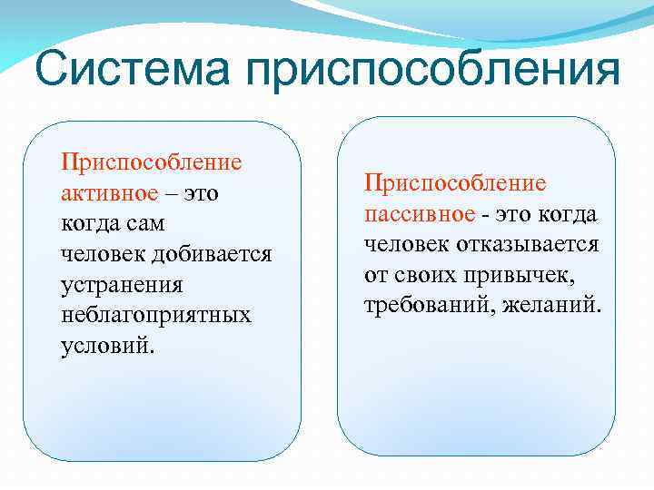 Система приспособления Приспособление активное – это когда сам человек добивается устранения неблагоприятных условий. Приспособление