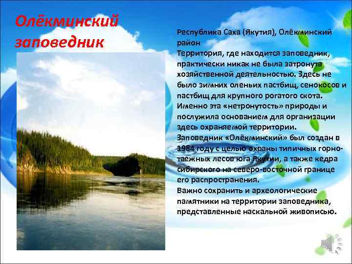 Олёкминский заповедник Республика Саха (Якутия), Олёкминский район Территория, где находится заповедник, практически никак не