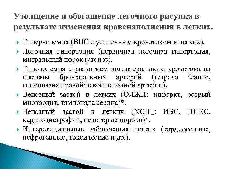 Утолщение и обогащение легочного рисунка в результате изменения кровенаполнения в легких. Гиперволемия (ВПС с