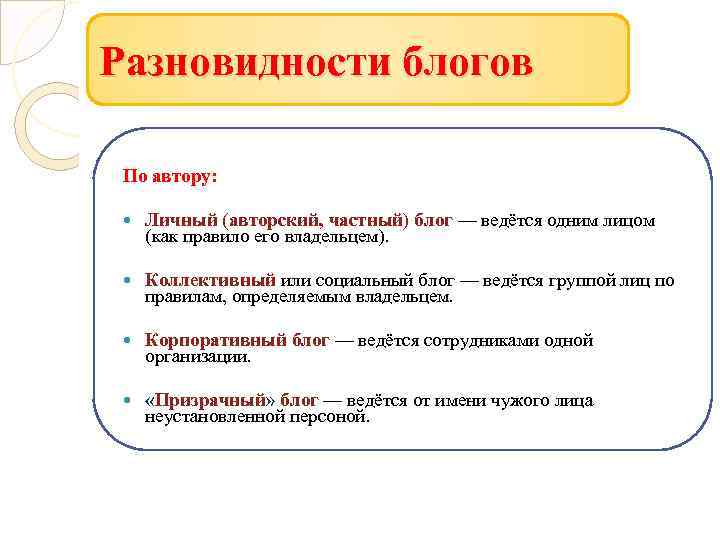 Разновидности блогов По автору: Личный (авторский, частный) блог — ведётся одним лицом (как правило