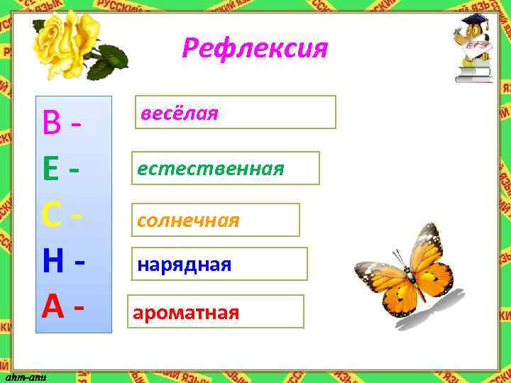 Рефлексия ВЕСНА- весёлая естественная солнечная нарядная ароматная 