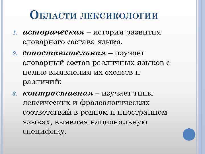 ОБЛАСТИ ЛЕКСИКОЛОГИИ 1. 2. 3. историческая – история развития словарного состава языка. сопоставительная –