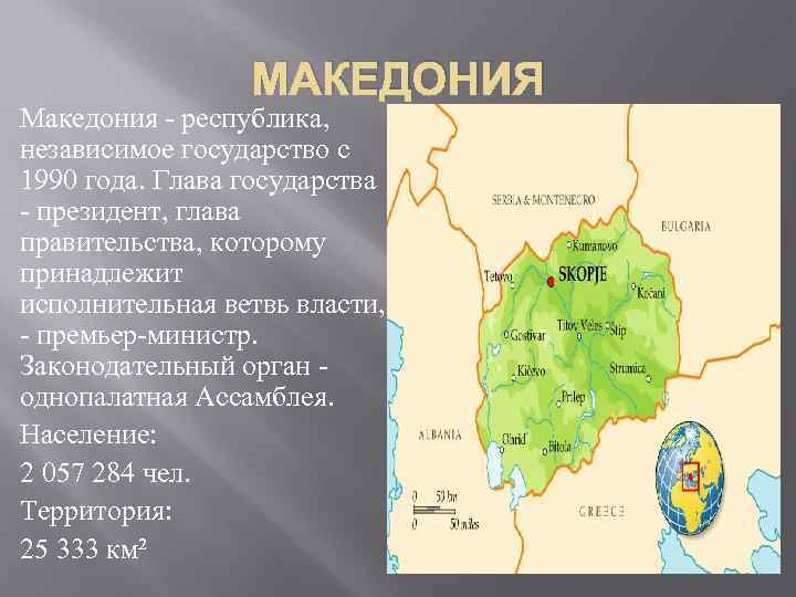МАКЕДОНИЯ Македония - республика, независимое государство с 1990 года. Глава государства - президент, глава