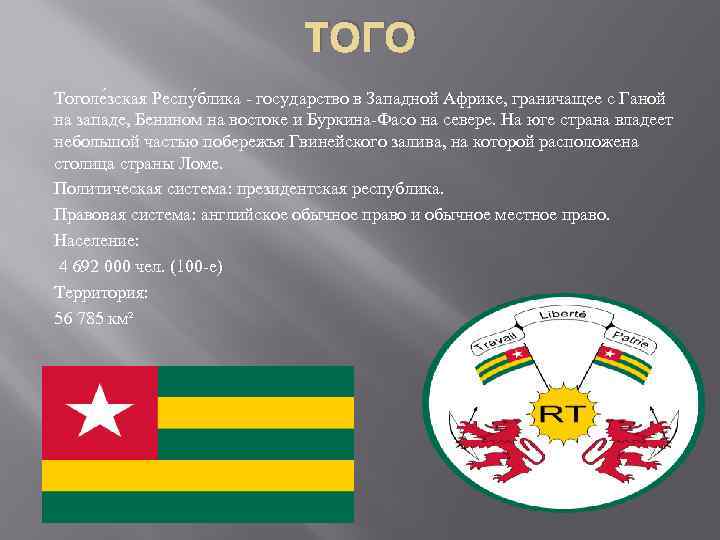 ТОГО Тоголе зская Респу блика - государство в Западной Африке, граничащее с Ганой на