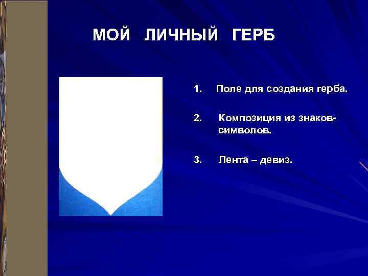 МОЙ ЛИЧНЫЙ ГЕРБ 1. Поле для создания герба. 2. Композиция из знаковсимволов. 3. Лента