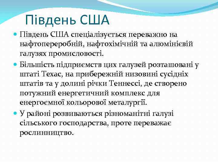 Південь США спеціалізується переважно на нафтопереробній, нафтохімічній та алюмінієвій галузях промисловості. Більшість підприємств цих