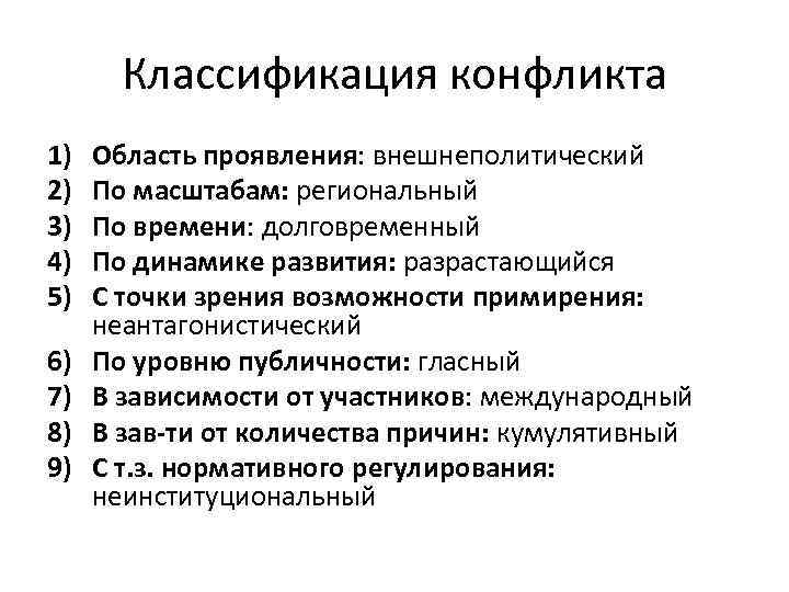 Классификация конфликта 1) 2) 3) 4) 5) 6) 7) 8) 9) Область проявления: внешнеполитический