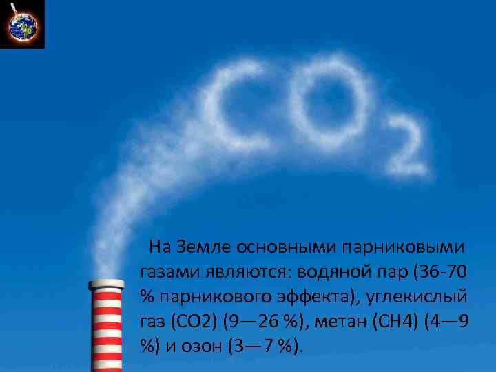 На Земле основными парниковыми газами являются: водяной пар (36 -70 % парникового эффекта), углекислый