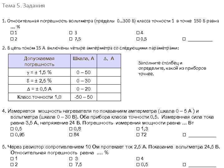 Тема 5. Задания 1. Относительная погрешность вольтметра (пределы 0… 300 В) класса точности 1