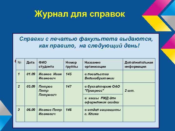 Журнал для справок Справки с печатью факультета выдаются, как правило, на следующий день! Образец: