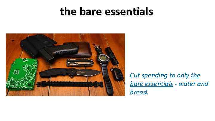 the bare essentials Cut spending to only the bare essentials - water and bread.