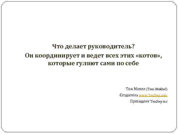 Что делает руководитель? Он координирует и ведет всех этих «котов» , которые гуляют сами