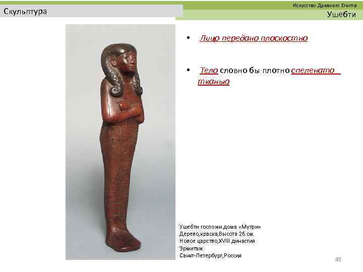  Искусство Древнего Египта Скульптура Ушебти • Лицо передано плоскостно • Тело словно бы