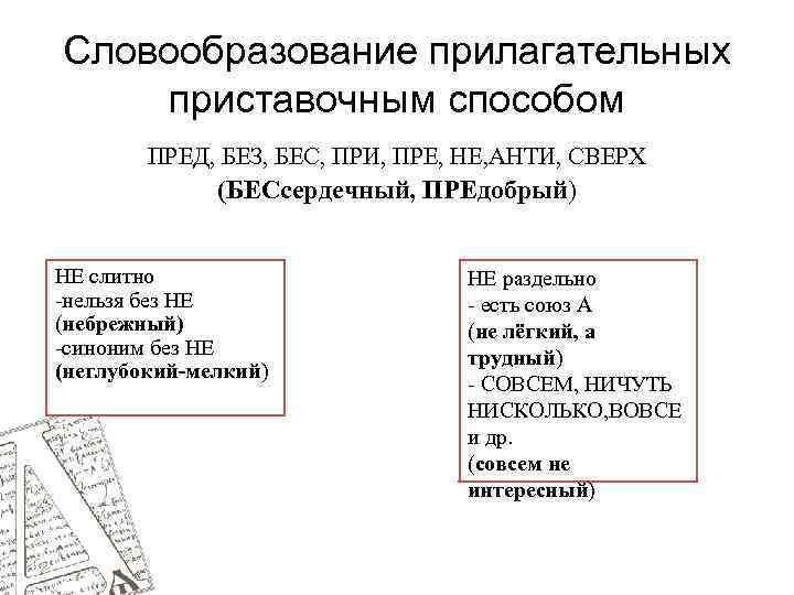 Словообразование прилагательных приставочным способом ПРЕД, БЕЗ, БЕС, ПРИ, ПРЕ, НЕ, АНТИ, СВЕРХ (БЕСсердечный, ПРЕдобрый)