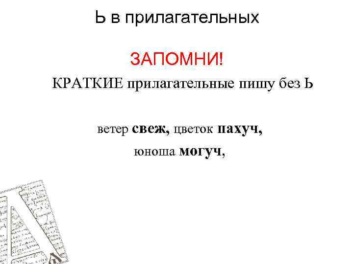 Ь в прилагательных ЗАПОМНИ! КРАТКИЕ прилагательные пишу без Ь ветер свеж, цветок пахуч, юноша