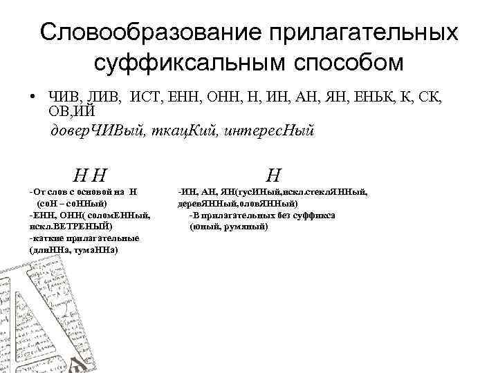 Словообразование прилагательных суффиксальным способом • ЧИВ, ЛИВ, ИСТ, ЕНН, ОНН, Н, ИН, АН, ЯН,