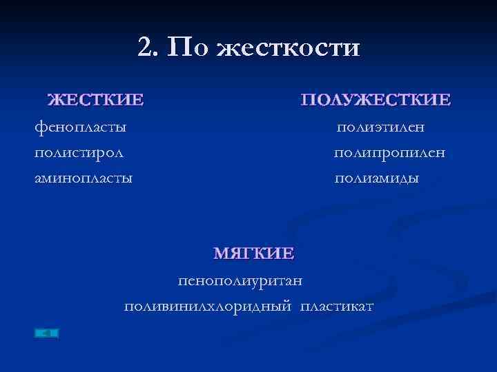 2. По жесткости ЖЕСТКИЕ фенопласты полистирол аминопласты ПОЛУЖЕСТКИЕ полиэтилен полипропилен полиамиды МЯГКИЕ пенополиуритан поливинилхлоридный