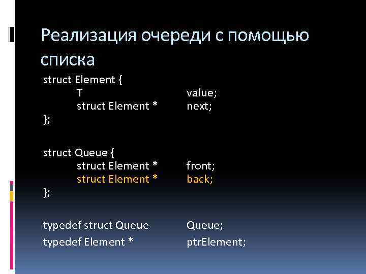 Реализация очереди с помощью списка struct Element { T struct Element * }; value;