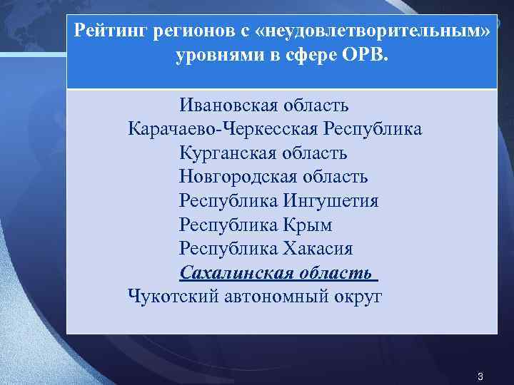 LOGO Рейтинг регионов с «неудовлетворительным» уровнями в сфере ОРВ. Ивановская область Карачаево-Черкесская Республика Курганская