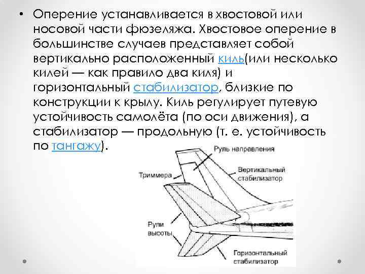  • Оперение устанавливается в хвостовой или носовой части фюзеляжа. Хвостовое оперение в большинстве
