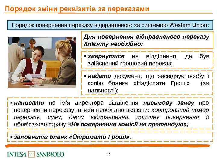 Порядок зміни реквізитів за переказами Порядок повернення переказу відправленого за системою Western Union: Для
