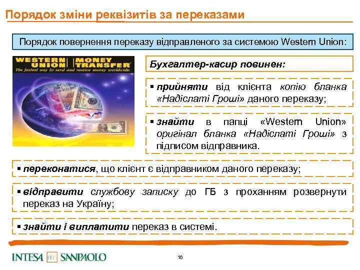 Порядок зміни реквізитів за переказами Порядок повернення переказу відправленого за системою Western Union: Бухгалтер-касир
