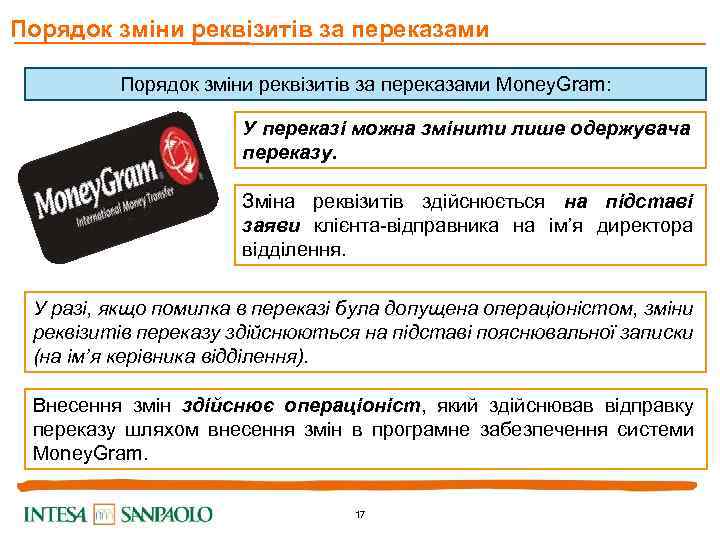 Порядок зміни реквізитів за переказами Money. Gram: У переказі можна змінити лише одержувача переказу.