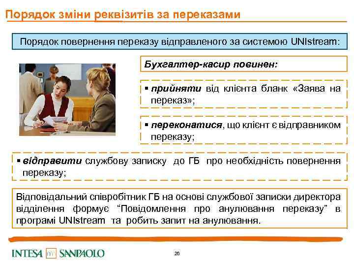 Порядок зміни реквізитів за переказами Порядок повернення переказу відправленого за системою UNIstream: Бухгалтер-касир повинен: