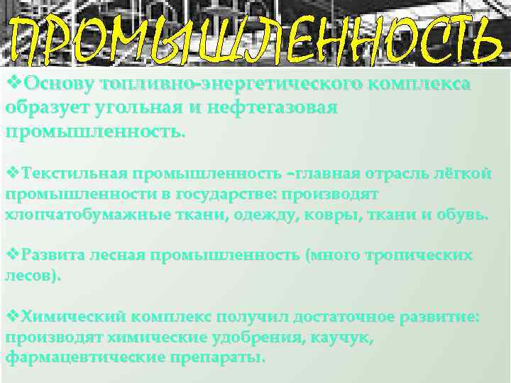 ПРОМЫШЛЕННОСТЬ v. Основу топливно-энергетического комплекса образует угольная и нефтегазовая промышленность. v. Текстильная промышленность –главная